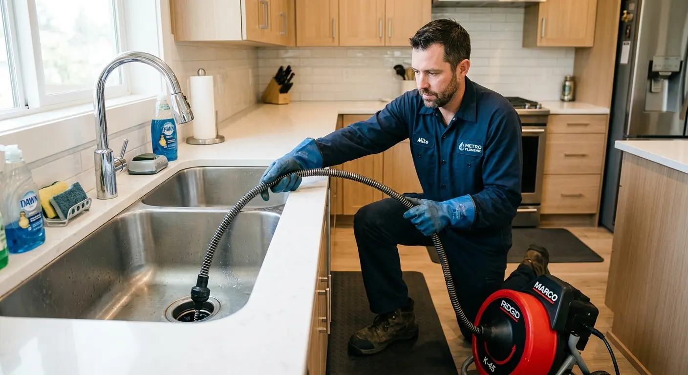 Drain cleaning technician using a motorized snake on a kitchen sink in Lakewood