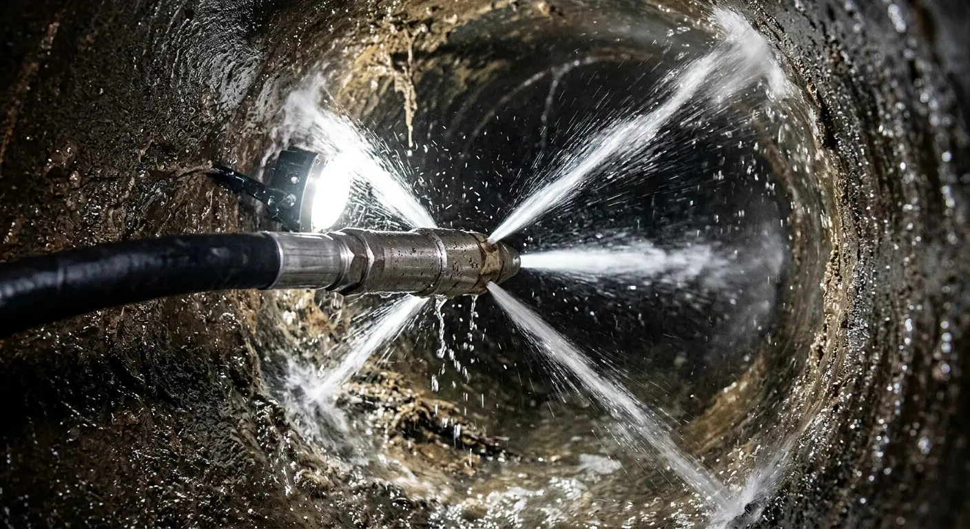 High-pressure hydro jetting nozzle cleaning sewer pipe for Sewer Cleanout in Lakewood