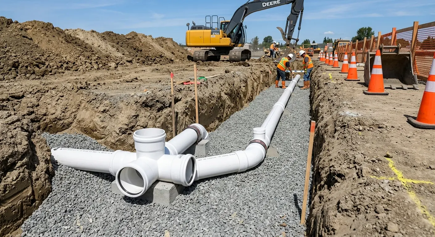 New PVC sewer pipe installation in open trench for Commercial Drain Cleaning in Lakewood