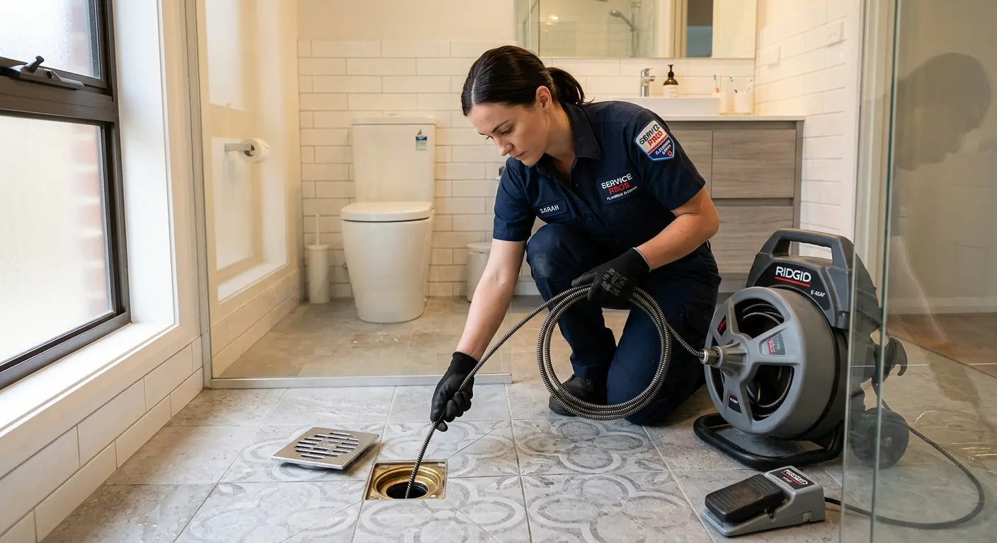 Technician clearing a bathroom floor drain for Clogged Drain Repair in Lakewood